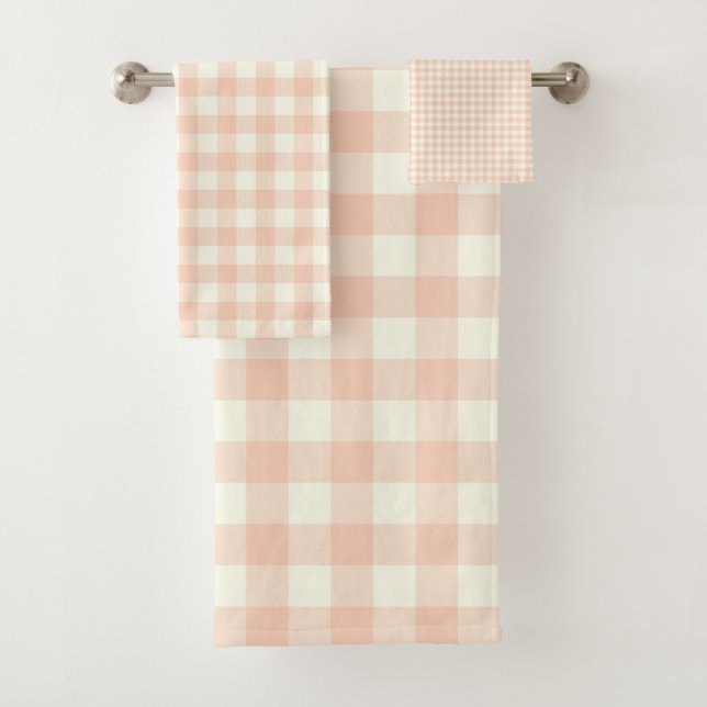 Pastel Peach Gingham Buffalo Karo Kariertes Muster Badhandtuch Set (Insitu)