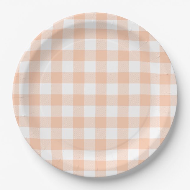 Pastel Peach Gingham Kariert Pattern Pappteller (Vorderseite)