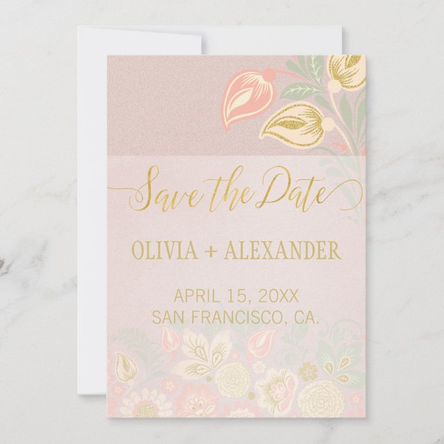 Pastel Peach Gold Bloral Spring Rosa Blush Hochzei Save The Date (Vorderseite)