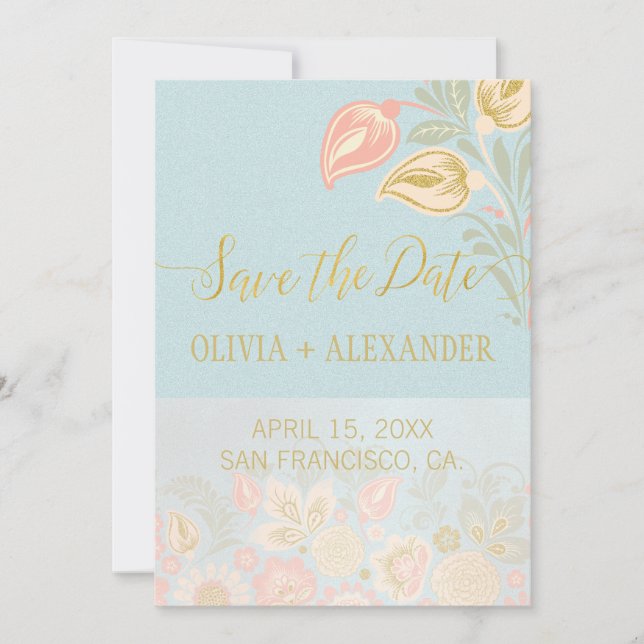 Pastel Peach Gold Floral Spring Light Blue Wedding Save The Date (Vorderseite)