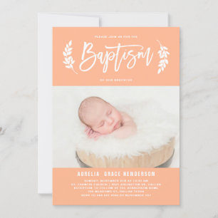 Pastel Peach Laurel Wreath Baby Foto Taufe Einladung