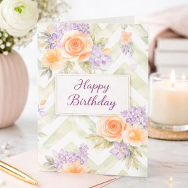 Pastel Peach Lavender Floral Sage Chevron Birthday Karte