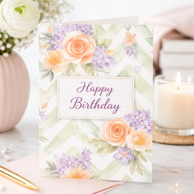 Pastel Peach Lavender Floral Sage Chevron Birthday Karte (Von Creator hochgeladen)