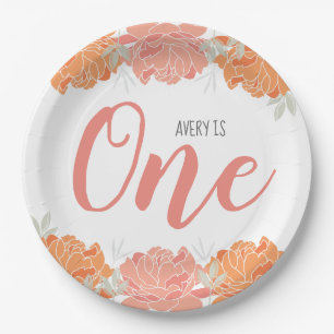 Pastel Peach & Orange Floral Baby's 1. Geburtstag Pappteller