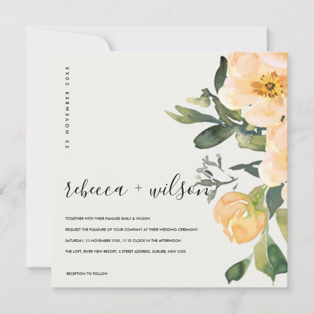 PASTEL PEACH PEONY FLORAL WATERCOLOR WEDD EINLADUNG (Vorderseite)