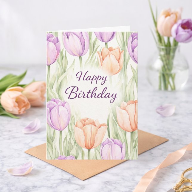 Pastel Peach Purple Tulips Spring Floral Birthday Karte (Von Creator hochgeladen)