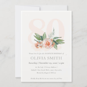 Pastel Peach Rose Blumenbunch 80 Geburtstag Einlad Dankeskarte