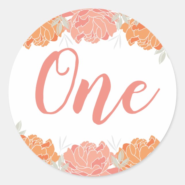 Pastel Peach und Orange Floral Baby's 1. Geburtsta Runder Aufkleber (Vorderseite)