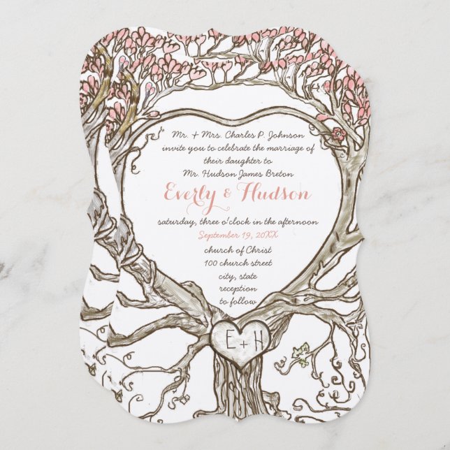 Pastel Peachy Coral Blush Pink Boho Heart geformt Einladung (Vorne/Hinten)