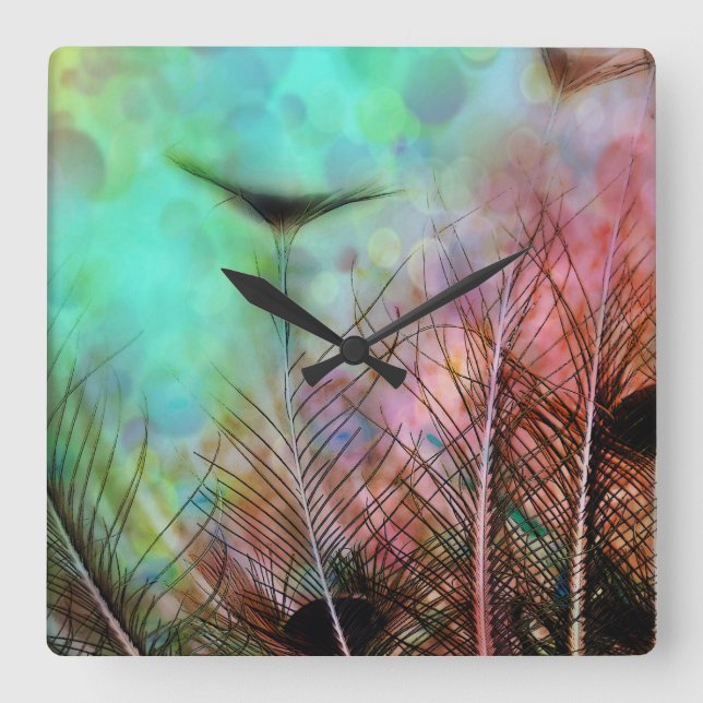 Pastel Peacock Feathers Quadratische Wanduhr (Vorderseite)