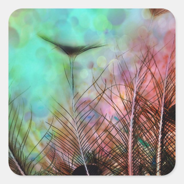Pastel Peacock Feathers Quadratischer Aufkleber (Vorderseite)