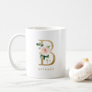 Pastel Peony Floral Letter B Gold Foil Monogramm Kaffeetasse