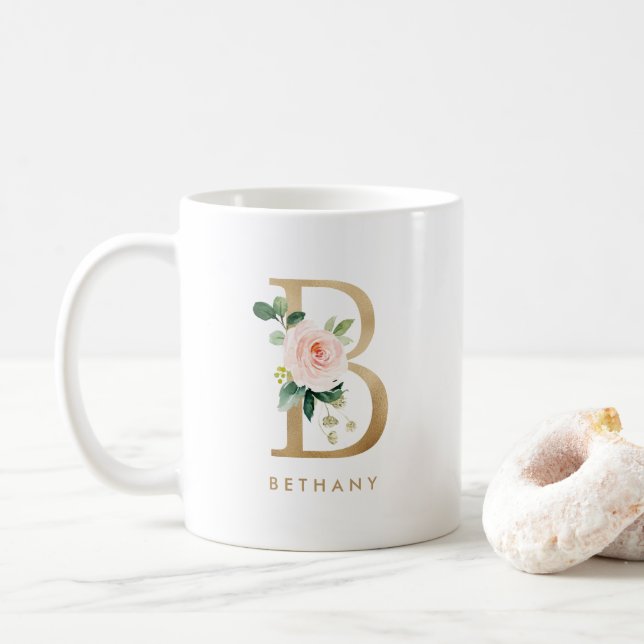 Pastel Peony Floral Letter B Gold Foil Monogramm Kaffeetasse (Mit Donut)