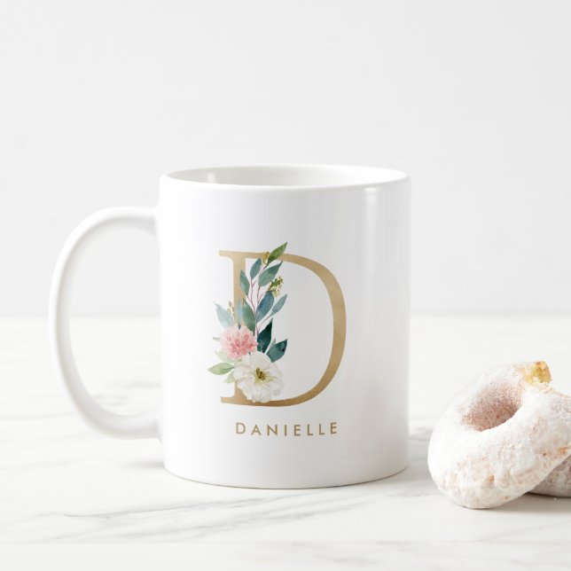 Pastel Peony Floral Letter D Gold Foil Monogramm Kaffeetasse (Mit Donut)