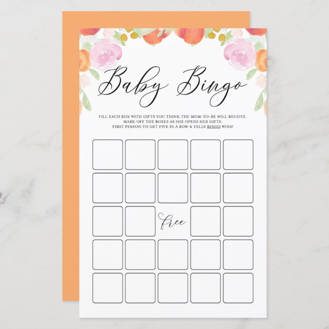 Pastel Pfirsiche und Blume Kinderdusche Bingo Game (Vorne/Hinten)