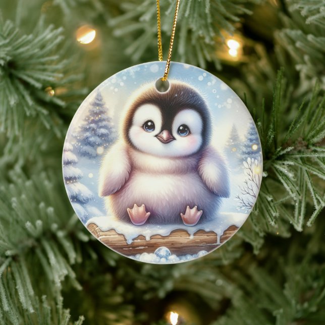 Pastel Pines & Penguin Whimsy Keramik Ornament (Baum)
