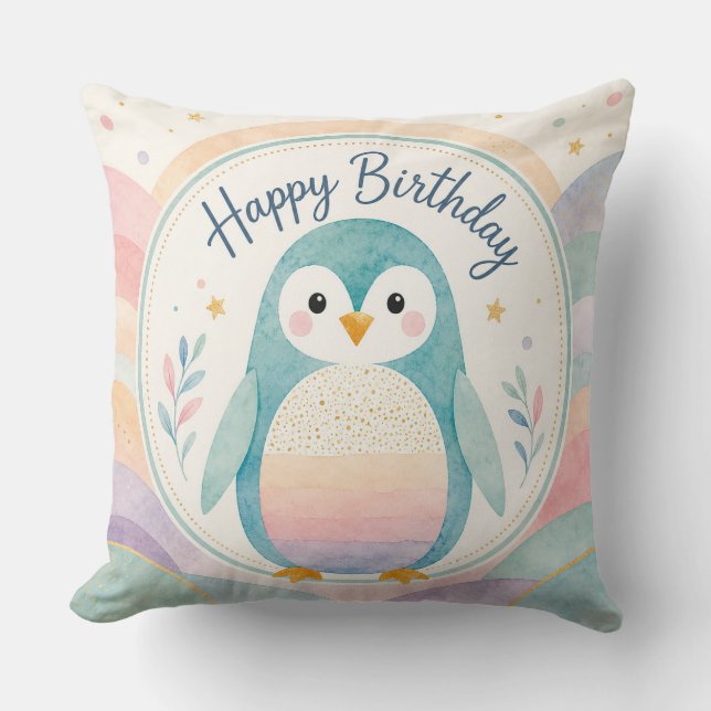 Pastel-Pinguin-Regenbogen-Geburtstagsfeier Kissen (Vorderseite)