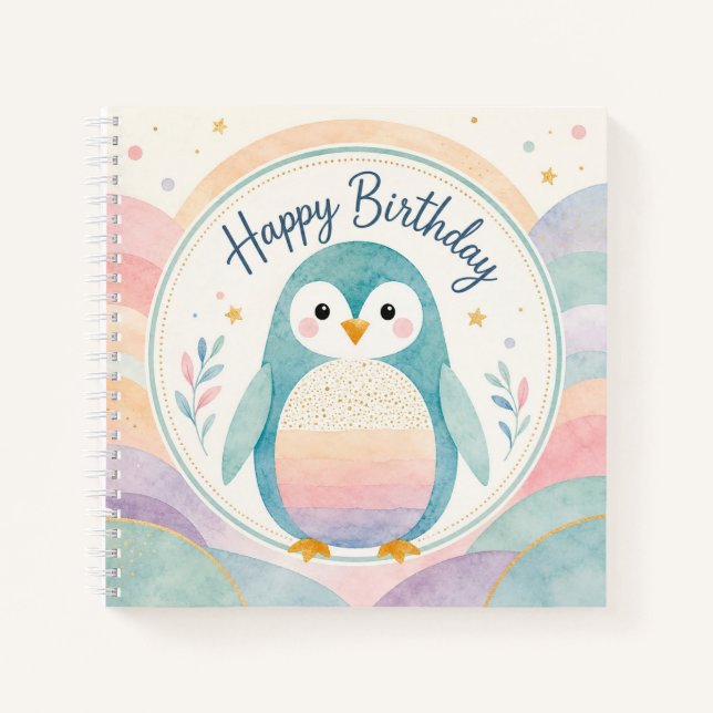 Pastel-Pinguin-Regenbogen-Geburtstagsfeier Notizbuch (Vorderseite)