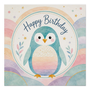 Pastel-Pinguin-Regenbogen-Geburtstagsfeier Poster