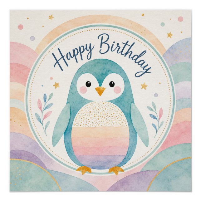 Pastel-Pinguin-Regenbogen-Geburtstagsfeier Poster (Vorderseite)