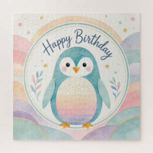 Pastel-Pinguin-Regenbogen-Geburtstagsfeier Puzzle