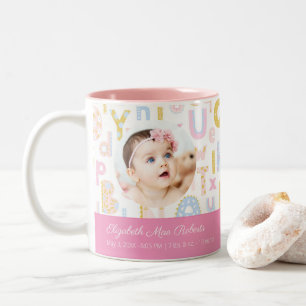 Pastel Pink ABC Birth Record Stat Baby Girls Foto Zweifarbige Tasse