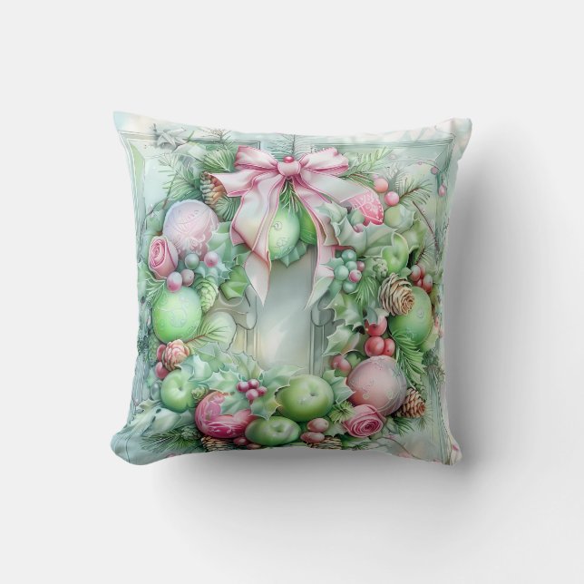 Pastel Pink and Green Christmas Throw Pillow Kissen (Vorderseite)
