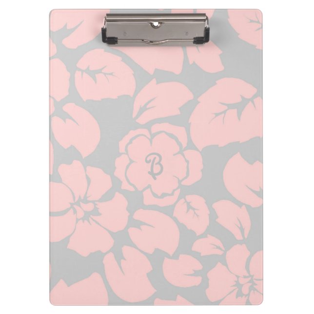 Pastel Pink and Grey Floral Monogram Klemmbrett (Vorderseite)