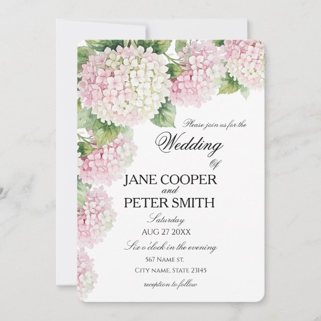 Pastel pink and white hydrangeas Budget Wedding  Einladung (Vorderseite)