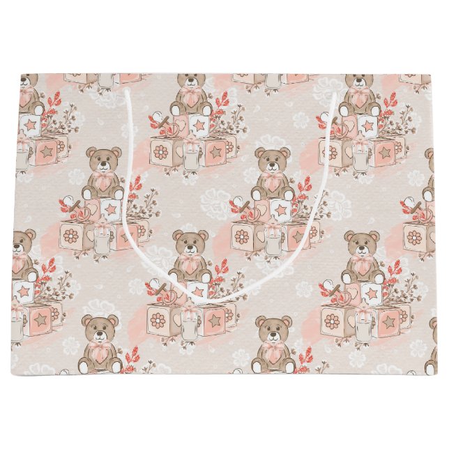 PASTEL PINK BABY BLOCKS TEDDY BEARS BLUME GROßE GESCHENKTÜTE (Vorderseite)