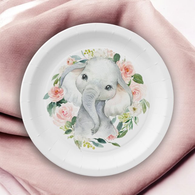 Pastel Pink Baby Elephant Floral Pappteller (Von Creator hochgeladen)