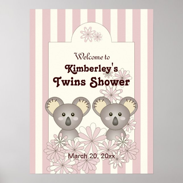 Pastel Pink Baby Koala Twin Girl Party Willkommen Poster (Vorne)