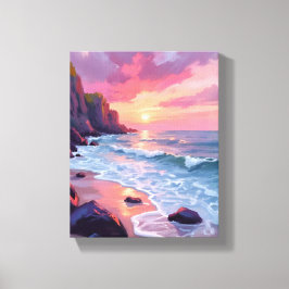 Pastel Pink Beach Sunset Ocean Waves Watercolor Leinwanddruck