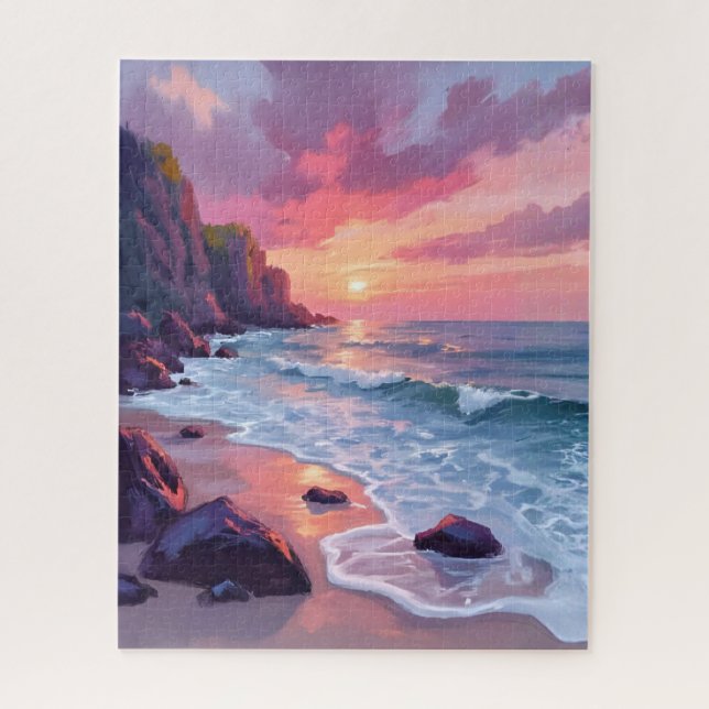 Pastel Pink Beach Sunset Ocean Waves Watercolor Puzzle (Vertikal)