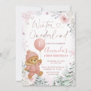Pastel Pink Bear Balloon Winter Onederland Einladung