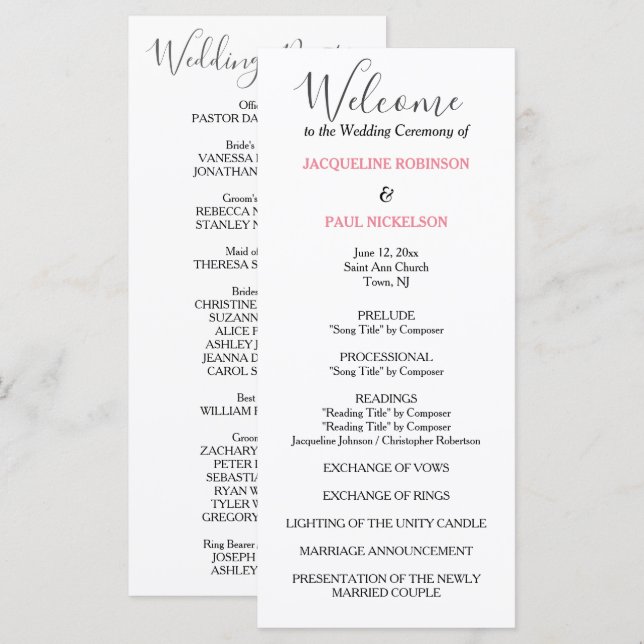 Pastel Pink Black Wedding Program Programm (Vorne/Hinten)