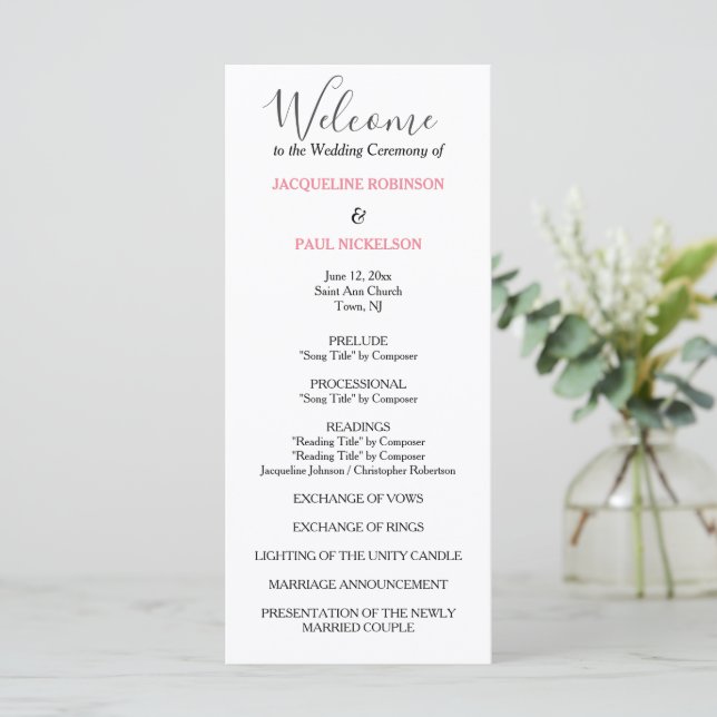 Pastel Pink Black Wedding Program Programm (Stehend Vorderseite)