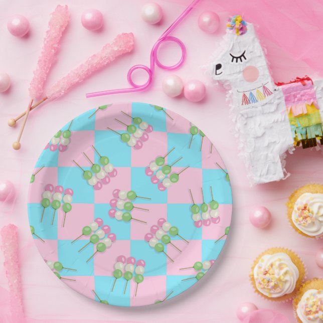 Pastel Pink Blau Karierte Dango Papierplatte Pappteller (Party)
