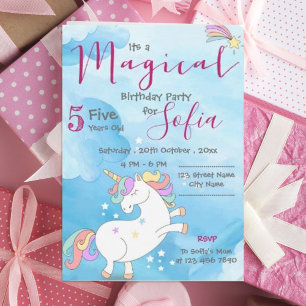 Pastel pink blau Magical Unicorn Thema Geburtstag Einladung