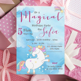 Pastel pink blau Magical Unicorn Thema Geburtstag Einladung