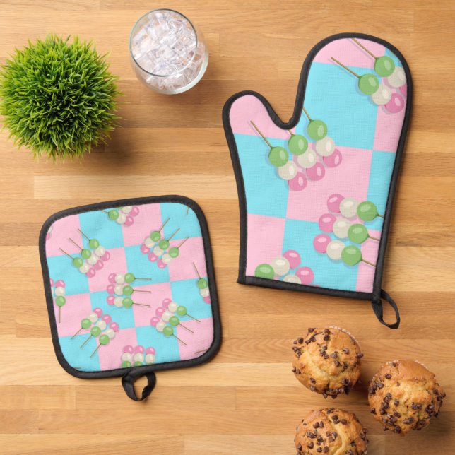 Pastel Pink Blue Checkered Dango Ofenhandschuh & Topflappen-Set (Oben Unten)