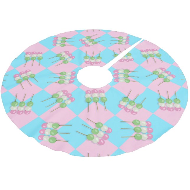 Pastel Pink Blue Checkered Dango Tree Skirt Polyester Weihnachtsbaumdecke (Schrägansicht)