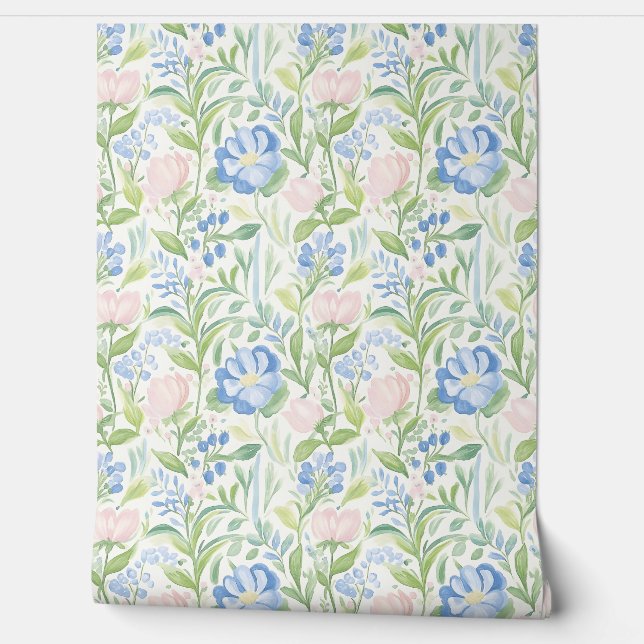 Pastel Pink Blue Floral Pattern  Tapete (Abrollen)