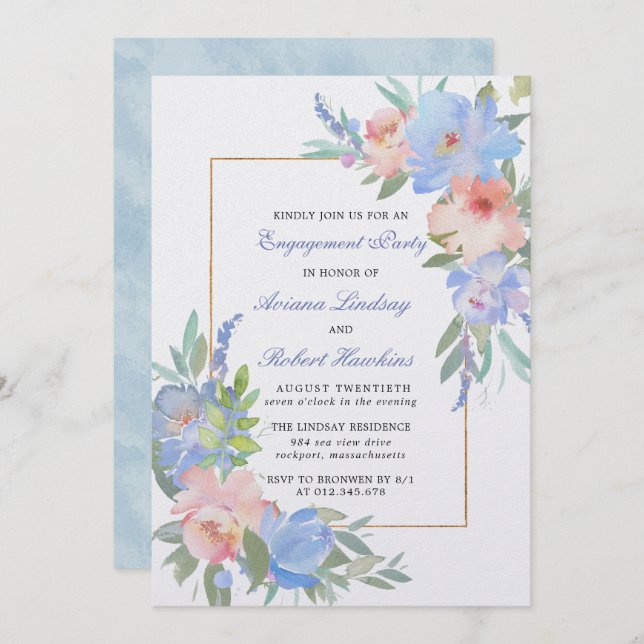 Pastel Pink Blue Floral Wedding Verlobung Einladung (Vorne/Hinten)