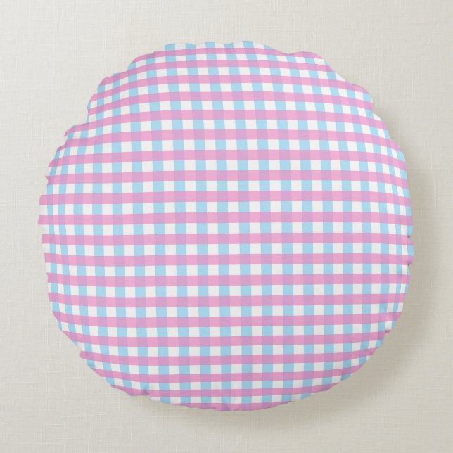 Pastel Pink Blue Gingham Kariert Rundes Kissen (Vorderseite)