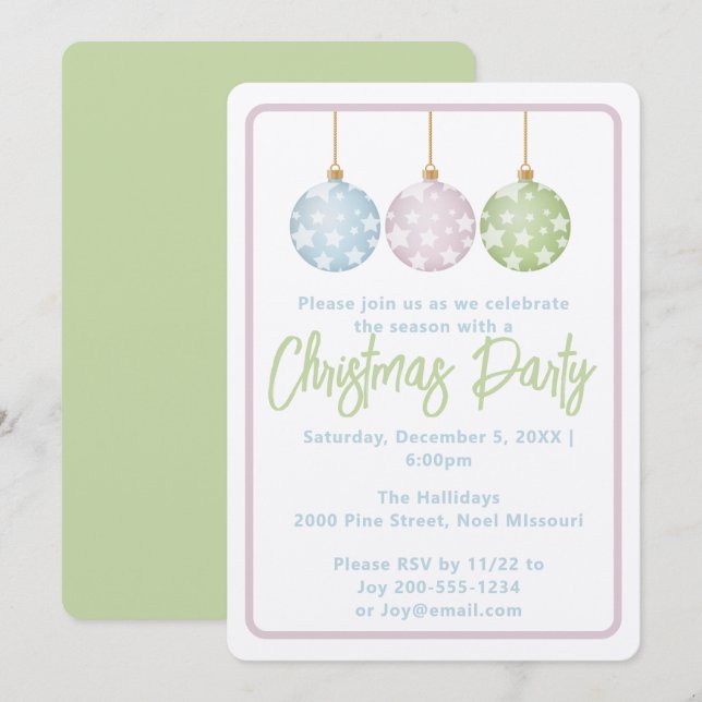 Pastel Pink Blue & Green Ornaments Christmas Party Einladung (Vorne/Hinten)