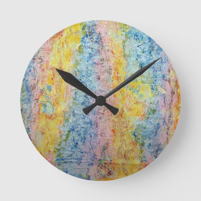 Pastel Pink Blue Yellow Textured Modern Abstract Runde Wanduhr (Vorderseite)