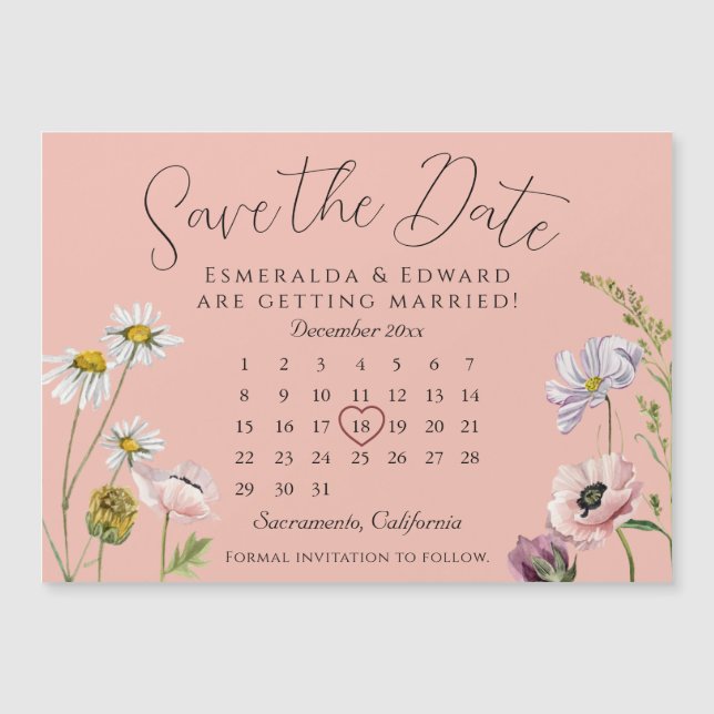 Pastel Pink Blume Hochzeitskalender Save the Date Magnetkarte (Vorderseite)