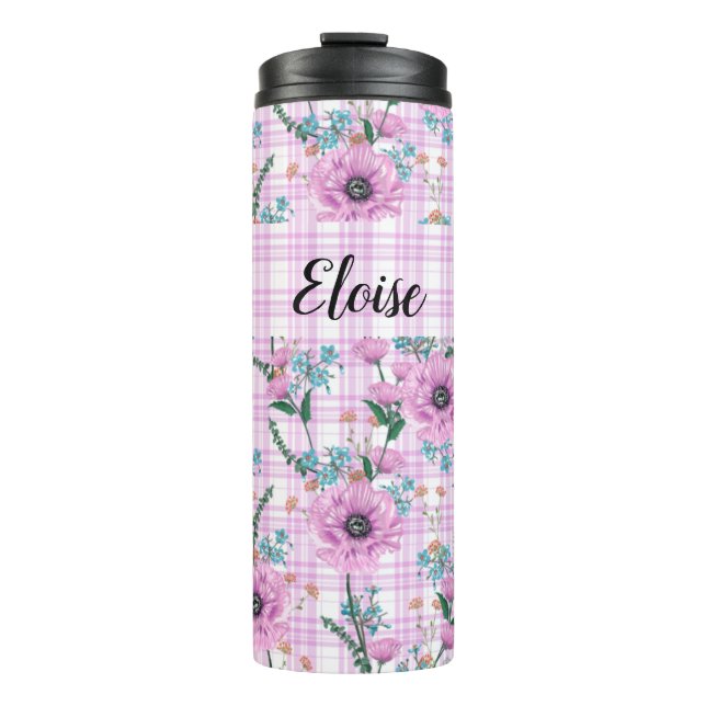 PASTEL PINK BLUME MIT KARIERTEN PATTERN THERMOSBECHER (Vorderseite)