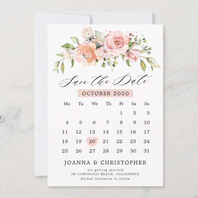 Pastel Pink Blush Rose Bläserner Botanischer Kalen Save The Date (Vorderseite)